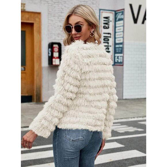 Women's Beige Inorin Faux Fur Coat Open Front Shaggy Cardigan Vintage Jacket - Picture 5 of 5